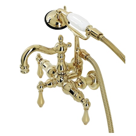 Kingston Brass CA1007T2 3-3/8" Tub Wall Mount Clawfoot Tub Faucet with Hand Shower, Polished Brass CA1007T2